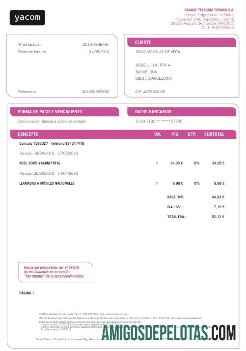 Em branco ESPANHA YACOM Conta de Serviços Públicos Word e Modelo PDF